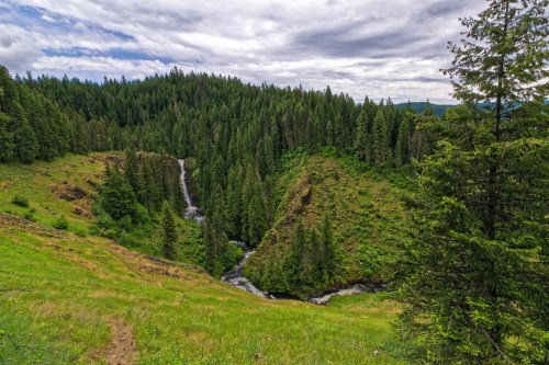 A lush green landscape featuring a waterfall cascading down a hillside, surrounded by dense evergreen trees under a cloudy sky.