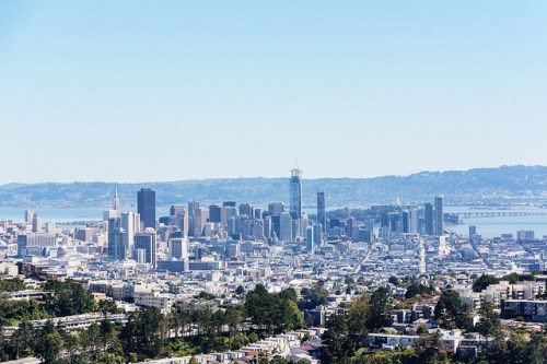A panoramic view of San Francisco's skyline with clear skies and the Bay in the background.