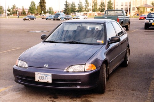 A purple Honda parked in a lot, featuring a license plate that reads "COLD." Trees and vehicles are visible in the background.
