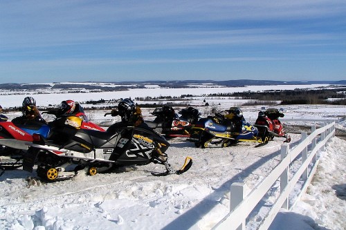 A line of snowmobiles parked on a snowy landscape with a vast, icy expanse and mountains in the background.