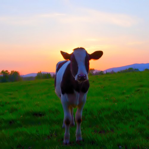 A black and white cow stands in a grassy field at sunset, with mountains in the background.
