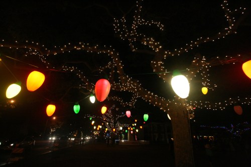 Colorful lights and glowing lanterns hang from trees, illuminating a festive night scene.