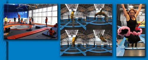 A collage of people jumping on trampolines in a bright indoor facility, showcasing various aerial poses and fun.