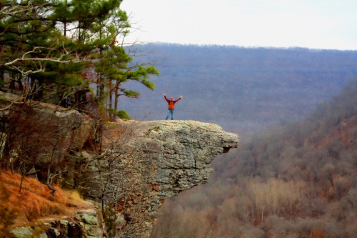 A person stands on a rocky cliff, arms raised in triumph, surrounded by a scenic view of mountains and trees.