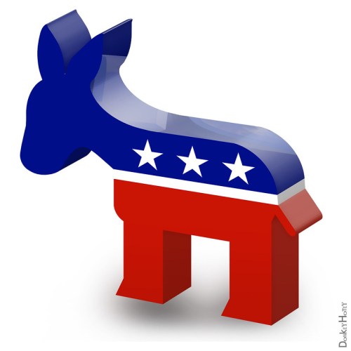 3D representation of a donkey in red and blue, featuring white stars, symbolizing the Democratic Party.
