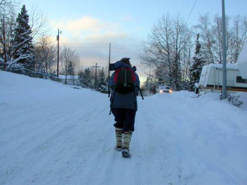 A person walks down a snowy road, surrounded by trees and a few houses, with a backpack and winter gear.