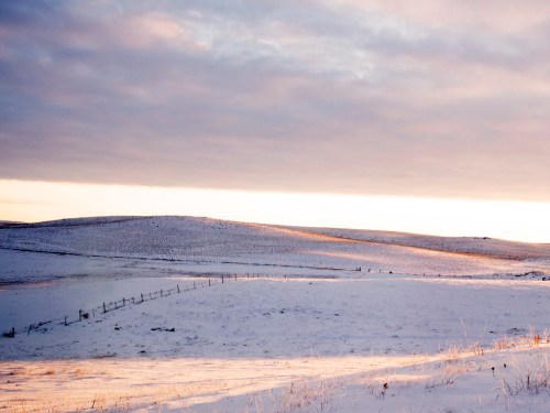 Snow-covered hills under a cloudy sky, with a fence line in the foreground and soft light illuminating the landscape.