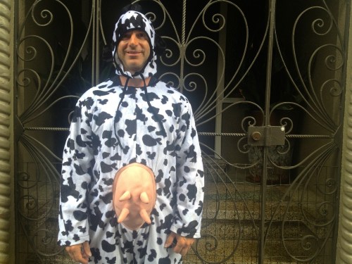 A person in a cow costume with a pig accessory stands in front of an ornate gate.