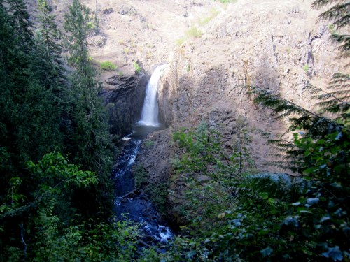 A waterfall cascades down rocky cliffs, surrounded by lush greenery and trees in a serene natural landscape.
