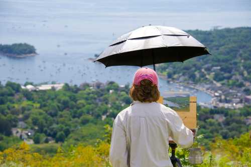 A person with a pink cap paints a landscape under a black umbrella, overlooking a scenic bay and greenery.