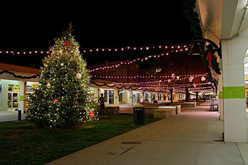A festive street at night, featuring a decorated Christmas tree and string lights illuminating the walkway.