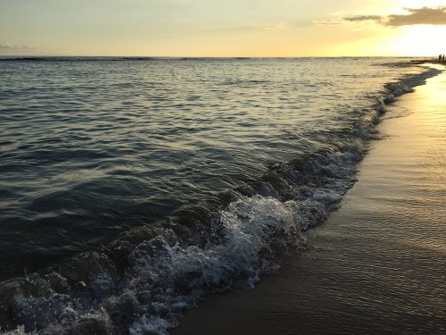 Waves gently lap at a sandy beach during sunset, with a golden sky reflecting on the water's surface.