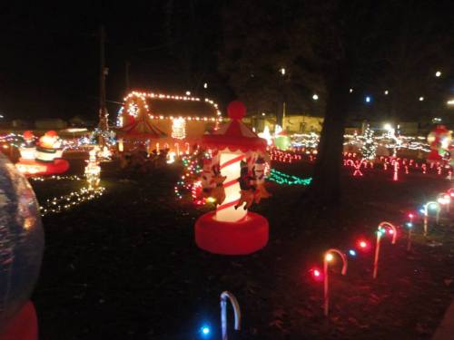 Colorful holiday lights illuminate a festive outdoor display with candy canes and whimsical decorations at night.