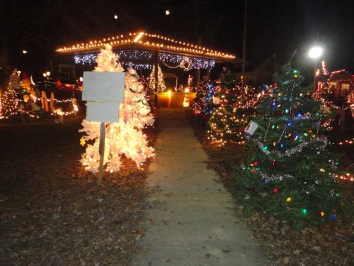 A festive pathway lined with decorated Christmas trees and lights, leading to a brightly lit pavilion at night.