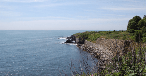 Coastal view with rocky shoreline, grassy cliffs, and calm blue waters under a clear sky.