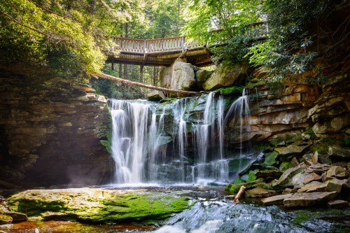 A serene waterfall cascades over rocks, surrounded by lush greenery and a wooden bridge above.