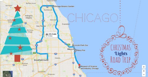 Map of a Christmas lights road trip in Chicago, featuring a tree graphic and key attractions along the route.