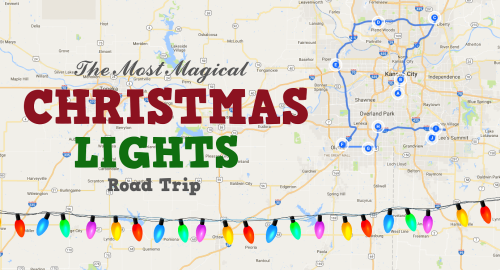 Map highlighting a festive road trip route for viewing Christmas lights, with colorful holiday lights at the bottom.