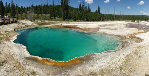 A vibrant turquoise hot spring surrounded by a rocky edge and lush green trees under a clear blue sky.