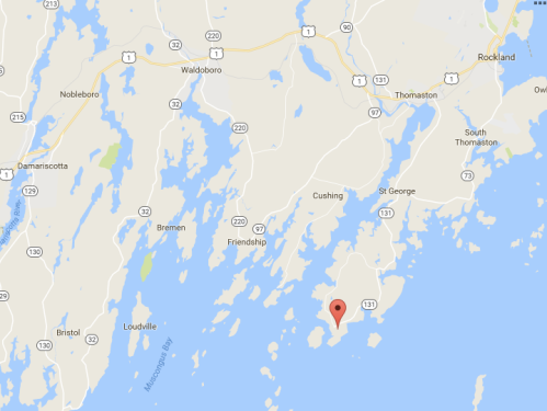 Map showing coastal areas of Maine, including towns like Friendship and Cushing, with a marker on an island.