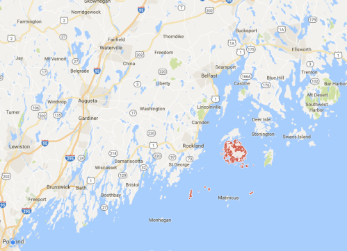 Map showing the coastal region of Maine, highlighting islands and nearby towns.