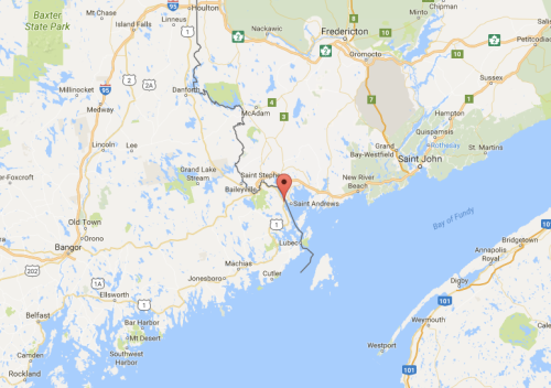 Map showing the area around Saint Andrews, New Brunswick, with nearby towns and bodies of water marked.