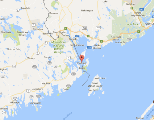 Map showing Eastport, Maine, with nearby landmarks and waterways highlighted.