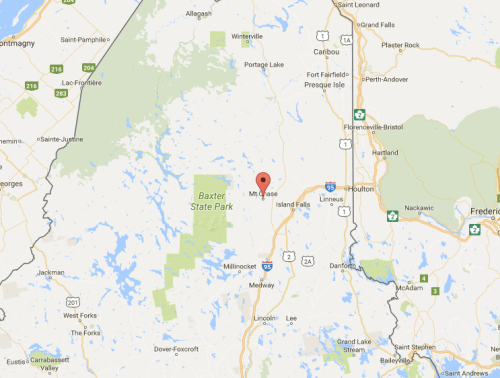 Map showing the location of Moose, Maine, with nearby landmarks and parks indicated.