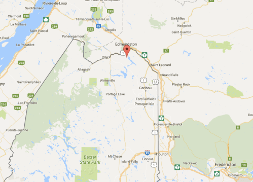 Map showing the location of Edmundston, New Brunswick, with surrounding towns and geographical features.