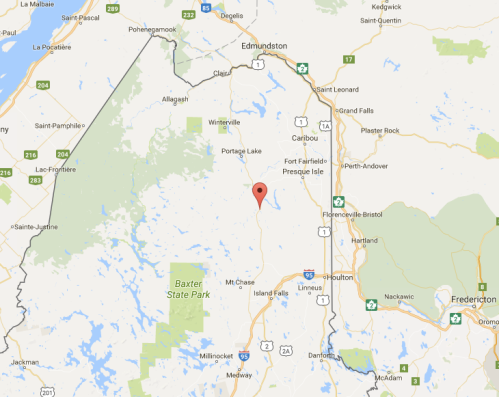 Map showing a location near Edmundston, New Brunswick, with surrounding areas and roads marked.