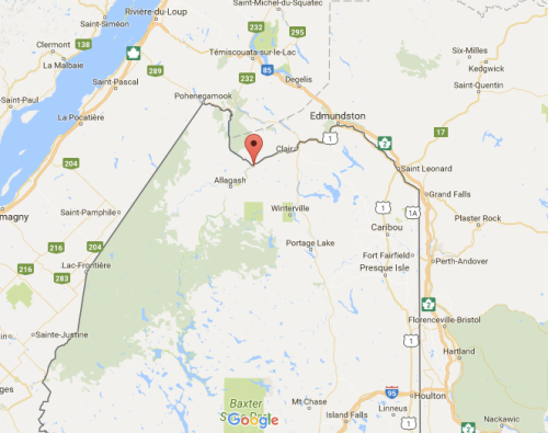 Map showing the area around Edmundston, New Brunswick, with marked locations and nearby towns.