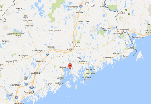 Map of Maine highlighting the area around Belfast, with surrounding towns and geographical features.