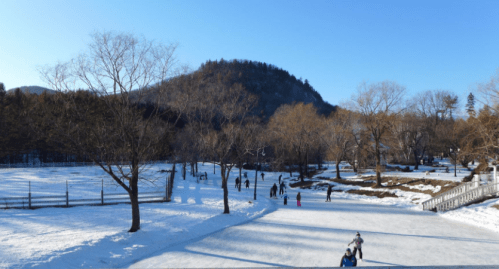 A snowy landscape with people ice skating and trees, set against a clear blue sky and distant hills.