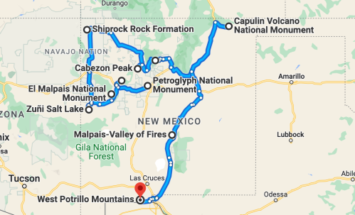 Map highlighting various national monuments and formations in New Mexico, including Capulin Volcano and Shiprock Rock Formation.