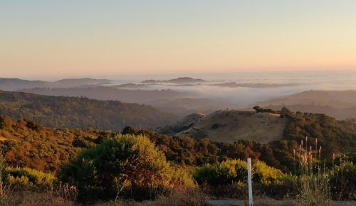 A serene landscape at sunrise, featuring rolling hills and a misty valley below, with soft golden light illuminating the scene.