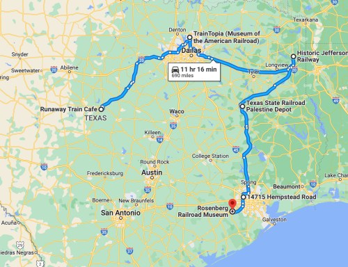 Map showing a route from Dallas to various Texas railroad attractions, including the Rosenberg Railroad Museum.