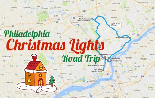 Map of a Christmas lights road trip in Philadelphia, featuring a festive house illustration and route highlighted in blue.