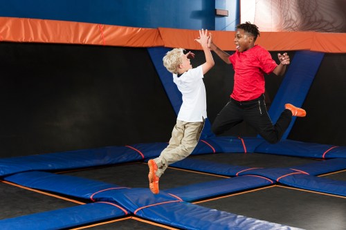 Two children joyfully jumping on a trampoline, with one wearing a red shirt and the other in a white shirt.