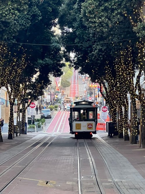 A cable car travels down a street lined with trees and lights, with a steep hill and city scene in the background.