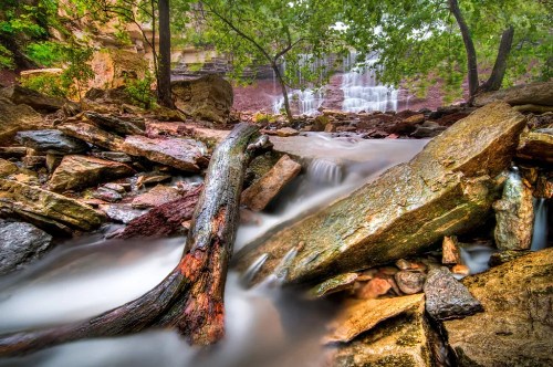 A serene waterfall cascades over rocks, surrounded by lush greenery and a tranquil stream in a natural setting.