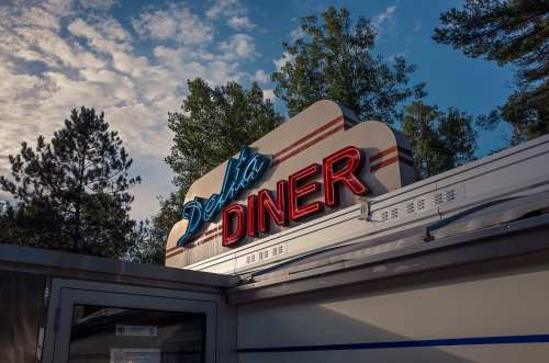 A retro diner sign reading "Delta Diner" against a backdrop of trees and a blue sky.