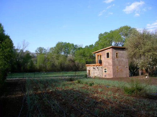 A small, rustic house surrounded by greenery and a vegetable garden under a clear blue sky.