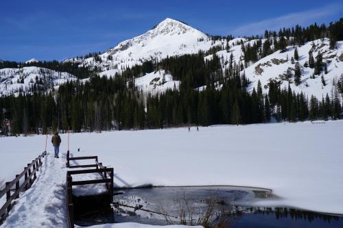 A person walks along a snowy path by a frozen lake, with mountains and pine trees in the background under a clear blue sky.