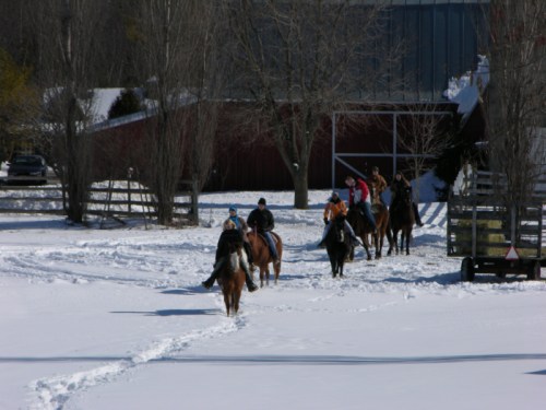A group of people riding horses through a snowy landscape, with trees and a barn in the background.