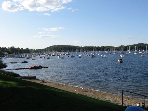 A serene lake scene with numerous sailboats anchored, surrounded by green hills and a clear blue sky.
