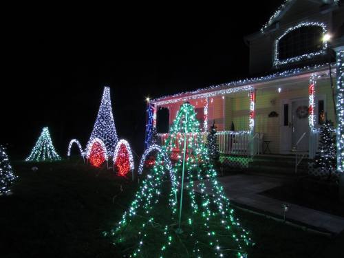 A house decorated with colorful Christmas lights, featuring illuminated trees and festive shapes in a nighttime setting.