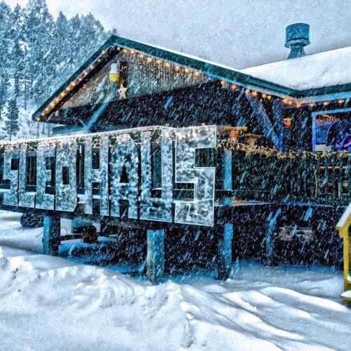 A snowy cabin with a large "SLEDHAUS" sign, surrounded by trees and falling snowflakes.