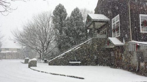 A snowy scene featuring a building with a staircase, surrounded by trees and a quiet, white landscape.
