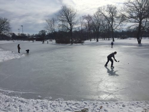 A frozen pond with people ice skating and playing in a snowy park under a cloudy sky.