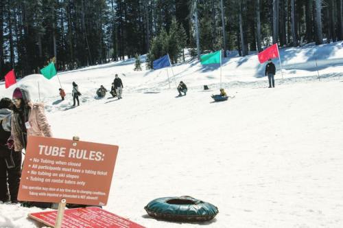 A snowy landscape with colorful flags, people sledding, and a sign listing tube rules in the foreground.